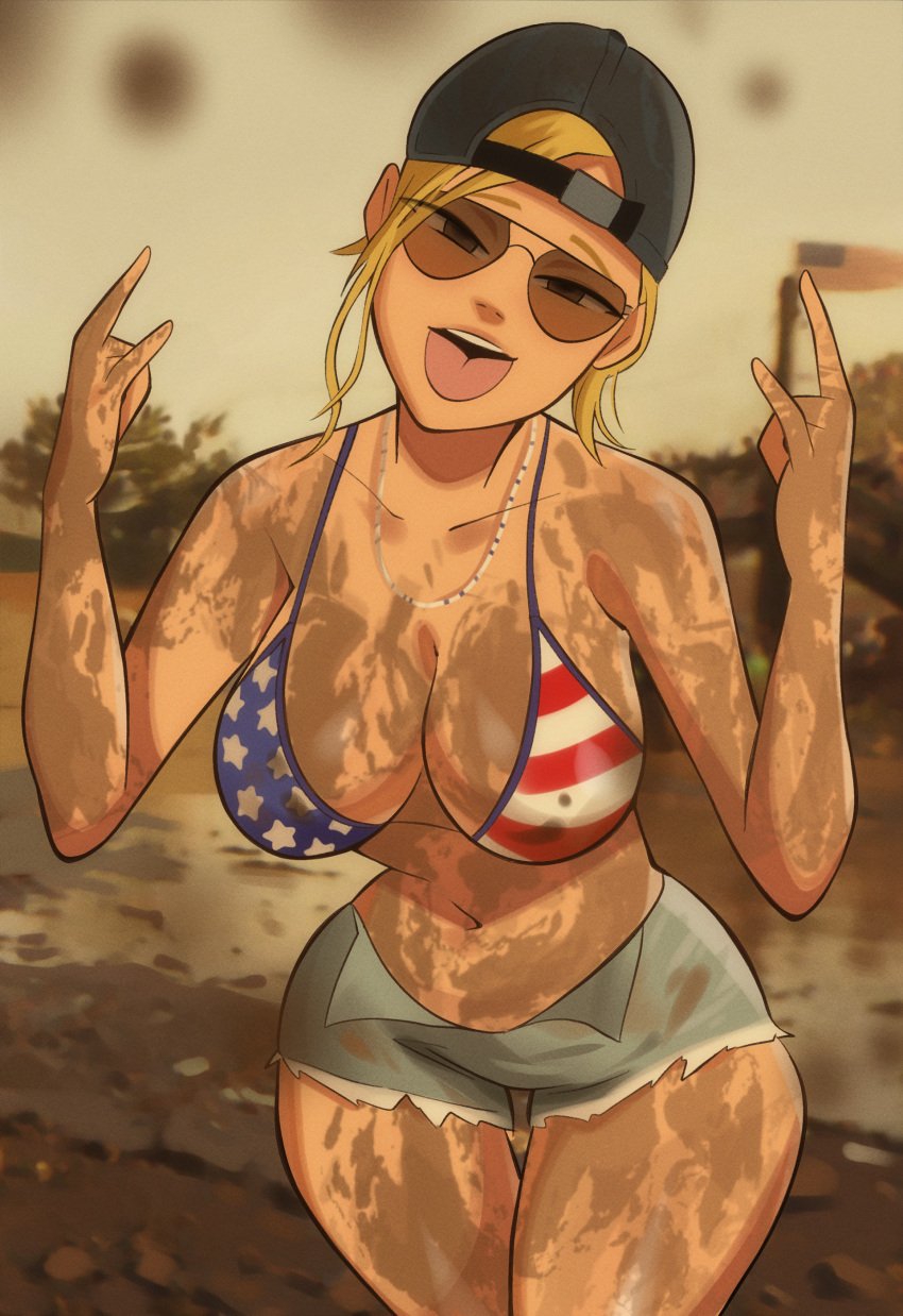 1girl 1girls 2020s 2023 adult adult_female adult_girl alternate_version_at_source american_flag_bikini background_character backwards_baseball_cap backwards_cap baseball_cap belly_button big_breasts bikini bikini_top black_headwear blonde_hair bottomwear breasts brown-tinted_eyewear busty cap cleavage clothed clothed_female clothes clothing cowboy_shot curvaceous curvy denim_shorts devil_horns_(gesture) dirty_body dirty_girl evening eyewear female front_view fully_clothed gesture grand_theft_auto grand_theft_auto_vi grey_bottomwear gta_pedestrians hair half-closed_eyes happy hat headwear hi_res human jean_shorts large_breasts legs_together light-skinned_female light_skin long_hair long_hair_female looking_at_viewer midriff mud mud_girl_(gta_vi) navel necklace newguy1091 npc open_mouth outdoors pose posing redneck redneck_girl rockstar_games shorts smile smiling smiling_at_viewer snapback solo solo_female standing stomach strong_tomboy_(spectrum) sunglasses teeth thick_thighs thigh_gap thighs tinted_eyewear tomboy tongue tongue_out unnamed_character video_game_franchise voluptuous western_art wide_hips