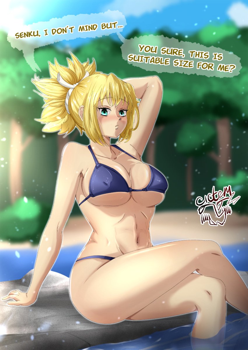 1girls bangs big_breasts bikini bikini_bottom bikini_top blonde_hair blue_eyes cictemart18 clothed clothed_female dr.stone female green_eyes kohaku_(dr.stone) light-skinned_female light_skin looking_at_viewer solo straight_hair thick_thighs