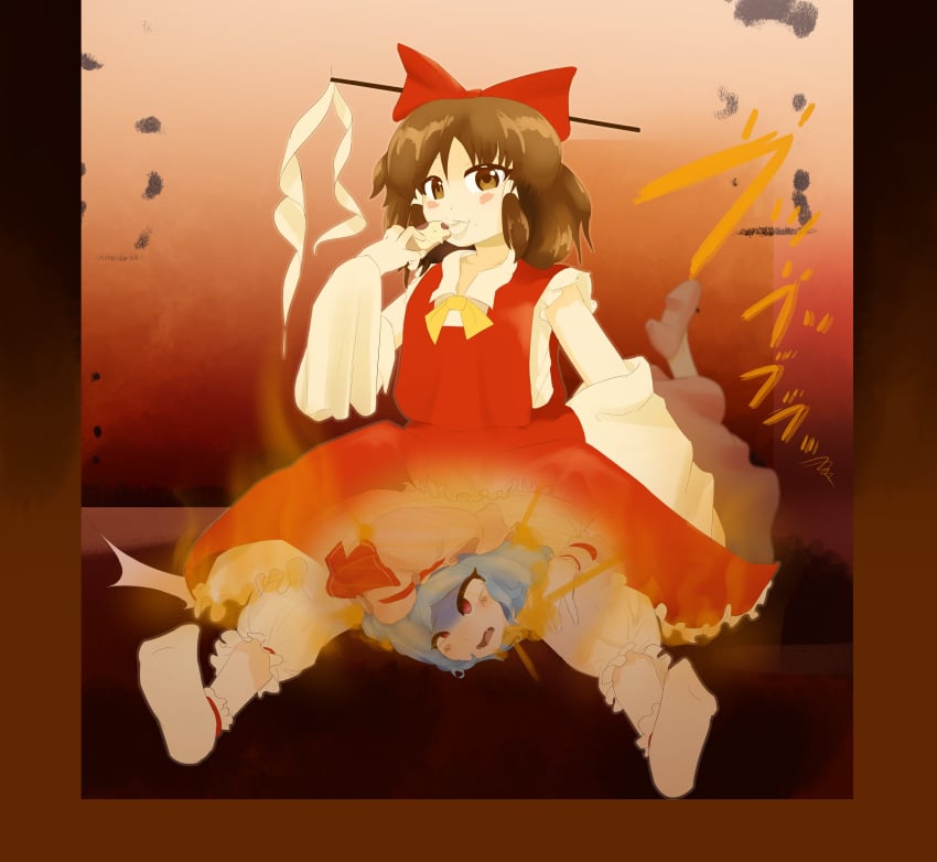 2girls alternate_version_available breppy_(artist) fart fart_fetish fart_torture farting farting_on_another female female_only gas humiliation multiple_girls pizza reimu_hakurei remilia_scarlet shrine_maiden sitting sitting_on_person smelly touhou