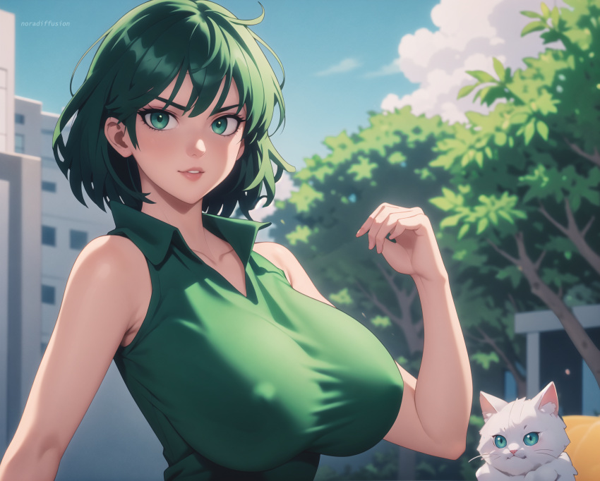 1girls acl_noraai ai_generated alternate_costume artist_name braless building bust-waist_contrast cloud covered_nipples feline fubuki_(one-punch_man) green_eyes green_hair huge_breasts large_breasts looking_at_viewer one-punch_man outdoors short_hair skin_tight sky skyscraper sleeveless sleeveless_shirt slim_waist solo thin_waist tight_clothing tree upper_body watermark