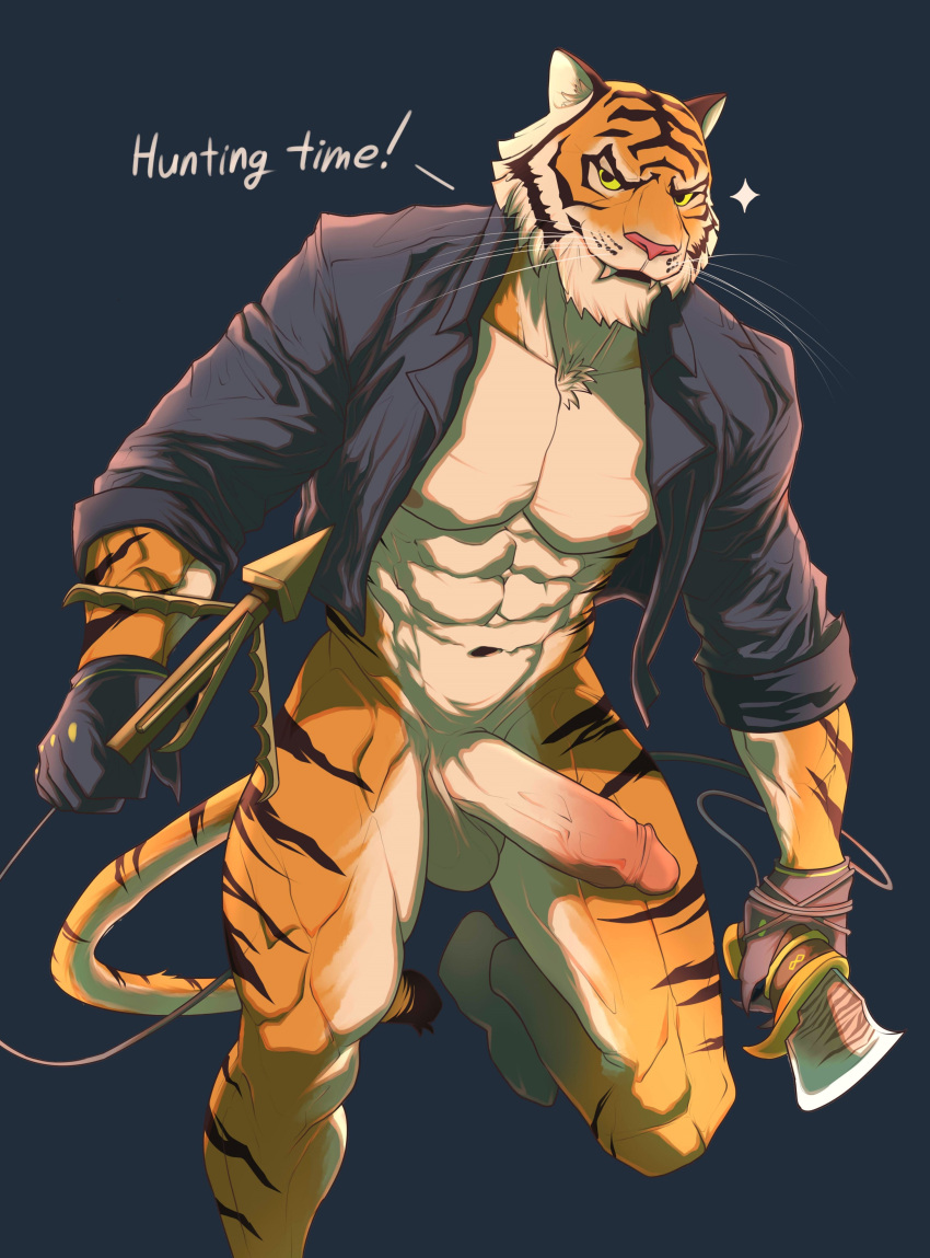 1boy 2023 abs absurd_res anthro balls biped clothing dialogue digital_drawing_(artwork) digital_media_(artwork) epic_games erection fortnite fur genitals ggan_ggandi grappling_hook hi_res male male_only muscular muscular_anthro muscular_male nipples oscar_(fortnite) shirt simple_background solo solo_male tail topwear