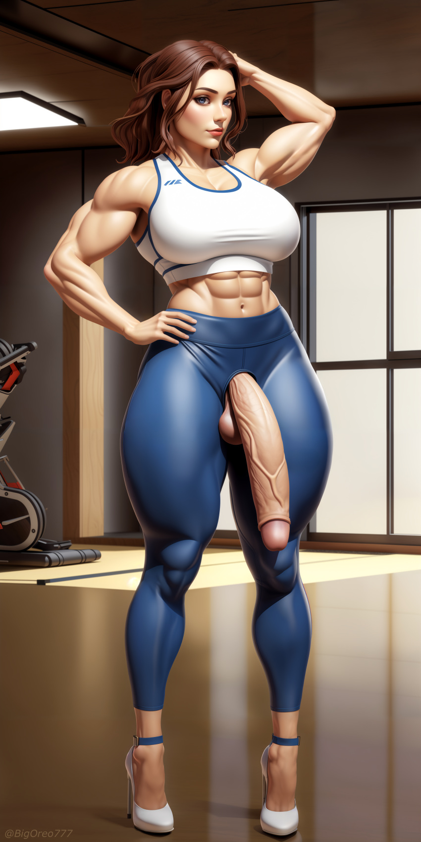 1futa absurd_res ai_generated bigoreo blue_eyes brown_hair dick dickgirl futa_only futanari high_heels huge_cock large_breasts light-skinned_futanari light_skin muscular muscular_arms muscular_futanari muscular_legs muscular_thighs penis solo solo_futa sports_bra stable_diffusion thick_thighs useless_clothing veiny_penis yoga_pants