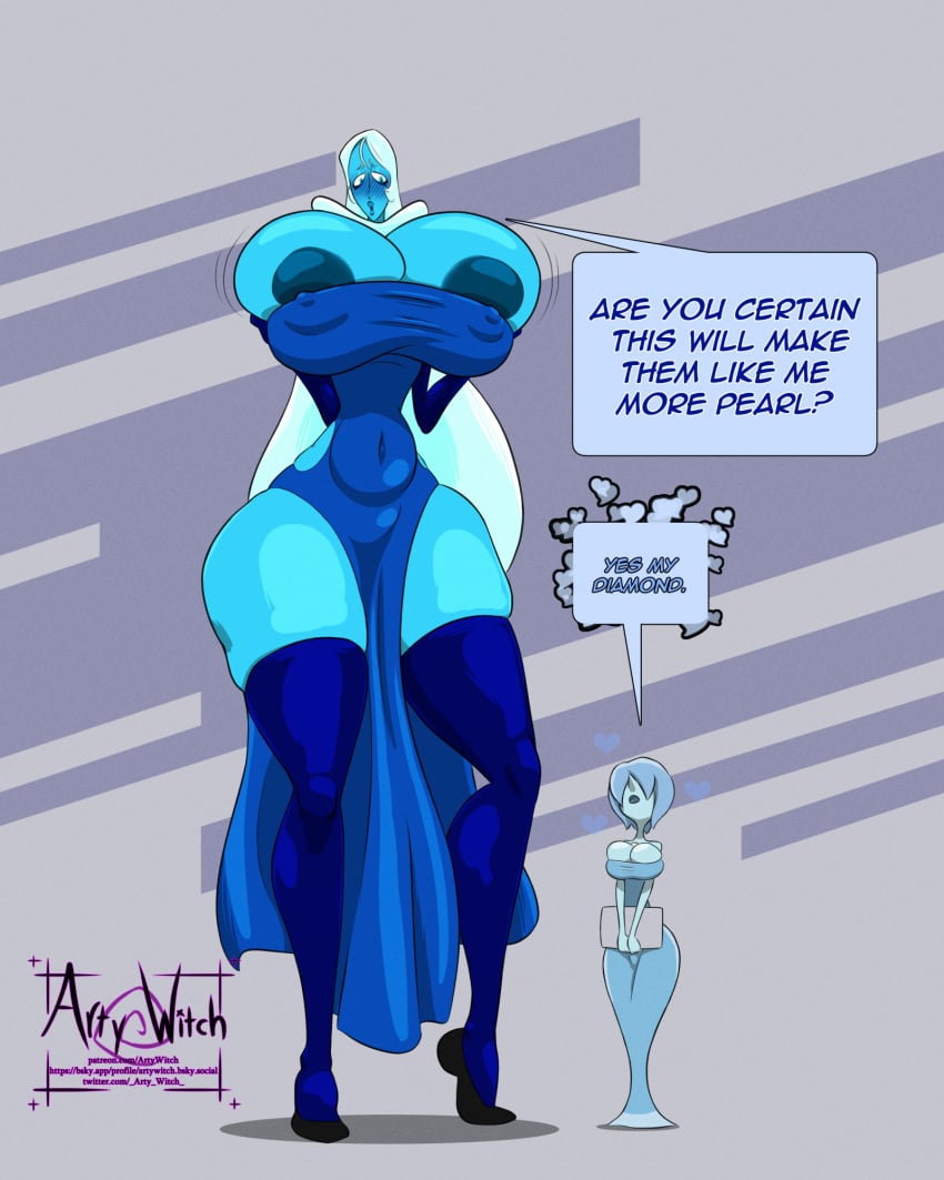 areola areola_bulge areola_slip areolae areolae_slip areolae_visible_through_clothing artywitch big_breasts blue_body blue_diamond_(steven_universe) blue_dress blue_pearl_(steven_universe) blue_skin blush boob_drop breast_drop breast_squeeze breasts breasts_out cartoon_network cleavage dark_nipples dialogue diamond_authority dress female female_focus female_only gem gem_(species) gigantic_breasts hanging_breasts holding_breast huge_breasts huge_nipples ineffective_clothing large_areolae large_breasts long_breasts long_hair looking_at_viewer mini_giantess nipple_bulge nipple_outline nipple_slip nipples plump sagging_breasts size_difference skindentation steven_universe text thigh_highs thighhighs tummy white_hair wide_hips