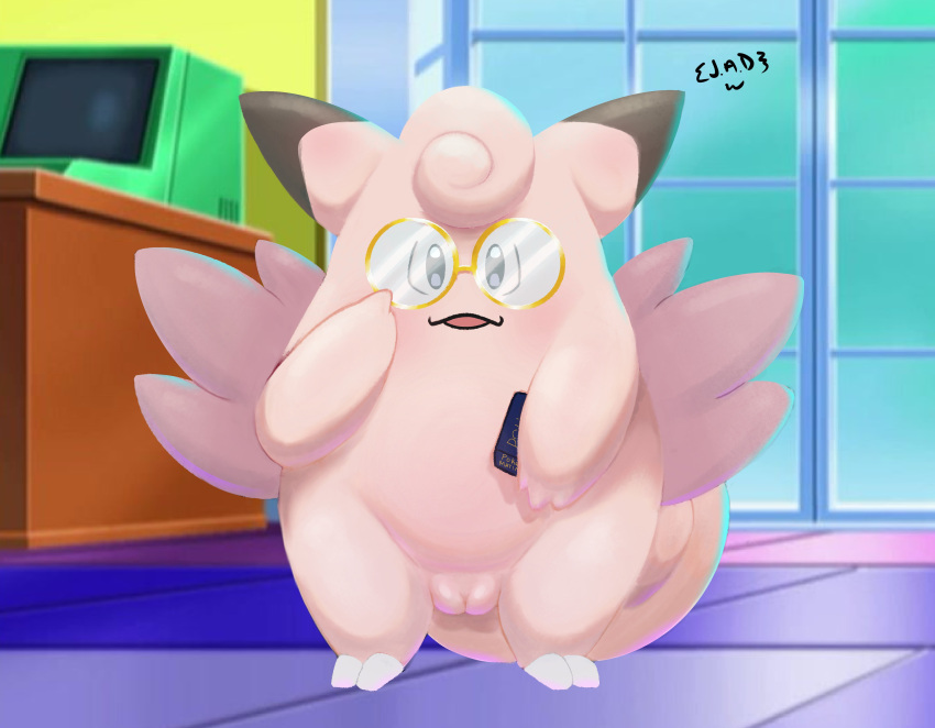 absurd_res book chubby_female clefable curled_tail eyewear eyewear_only female generation_1_pokemon genitals glasses glasses_only hi_res j.a.d nerd nintendo nude pokemon pokemon_(species) pussy slightly_chubby solo tail