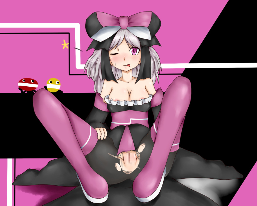 1girls artist_name artist_request awkward breasts censored closed_eyes cutout female female_focus female_only grey_hair looking_at_viewer moi_moi_(pop'n_music) nipple_slip nipples nipples_visible_through_clothing one_eye_closed pop'n_music purple_eyes purple_legwear pussy ribbon short_hair smile spread_legs spreading tongue tongue_out