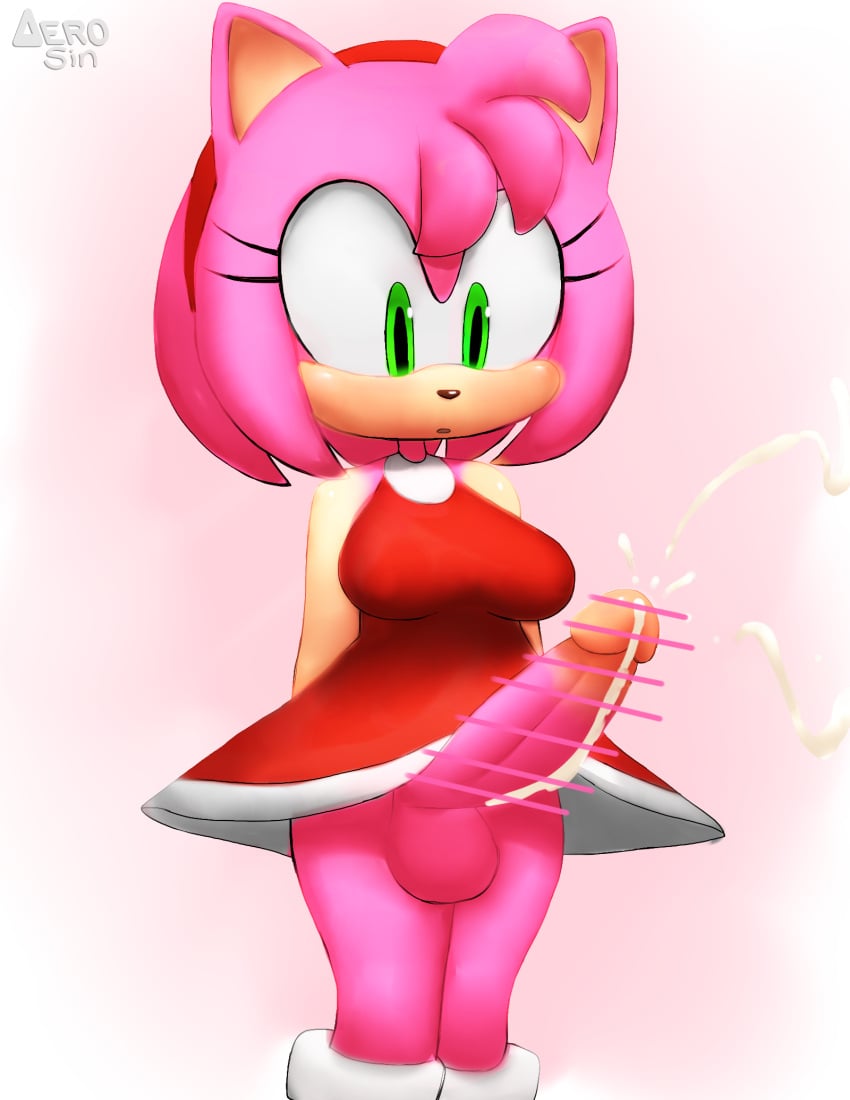 aerosin amy_rose anthro balls breasts censored censored_penis clothed clothing cum cumshot dickgirl ejaculating_cum ejaculation erect_penis erection furry furry_female futanari intersex large_breasts penis scrotum sega solo sonic_(series) sonic_the_hedgehog_(series) testicles