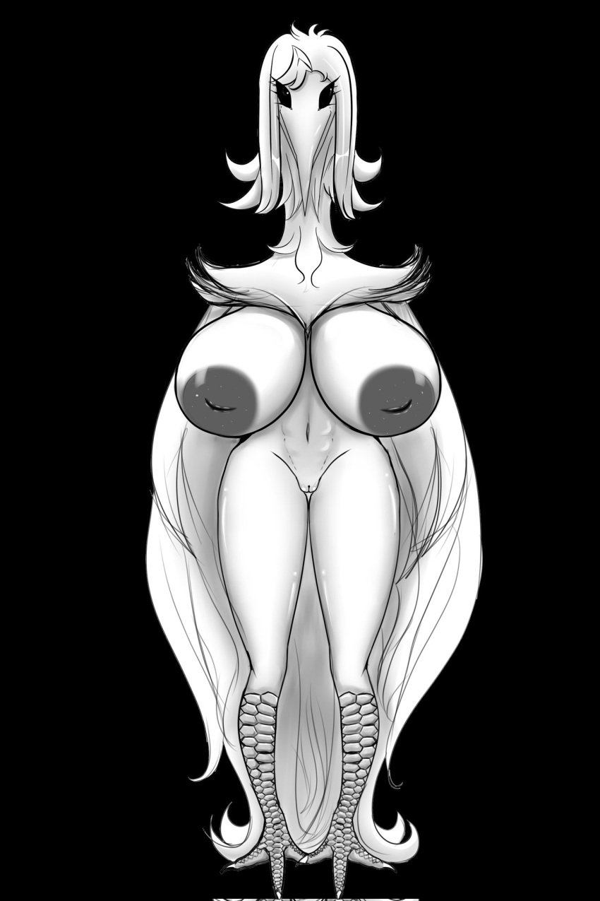 1girls 2023 anthro avian avian_feet beak big_breasts black_background black_eyes breasts cryptid cryptozoology erosion_bird feathered_arms feet female_only genitals greyscale hi_res huge_breasts inverted_nipples monochrome monster monster_girl navel nipples opium_bird public_domain pussy renv simple_background talons toes