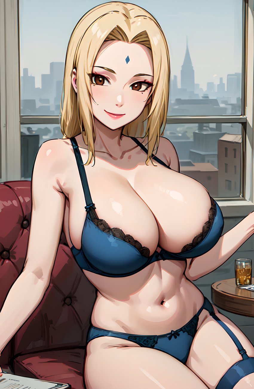 1girls ai_generated big_breasts blonde_hair bra breasts breasts_bigger_than_head cleavage female female_only garter_belt garter_straps huge_breasts large_breasts lingerie lipstick looking_at_viewer makeup mature mature_female mature_woman milf nai_diffusion naruto naruto_(series) naruto_shippuden oppai panties pose posing sagging_breasts smile solo solo_focus stable_diffusion stockings subaruarm tsunade underwear underwear_only upper_body voluptuous voluptuous_female