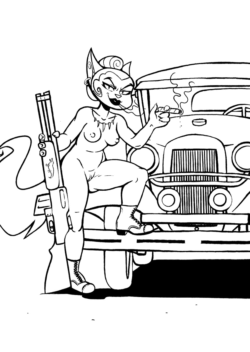 anthro black_and_white blowing_smoke boots breasts car casual cigar clothing crayzee609 domestic_cat eyelashes felid feline felis female firearm footwear footwear_only genitals gun hair hi_res jewelry lackadaisy lipstick looking_at_viewer makeup mammal monochrome mostly_nude necklace nipples nude pussy raised_leg ranged_weapon rifle serafine_savoy smile smoke smoking smoking_cigar solo tail vehicle weapon webcomic