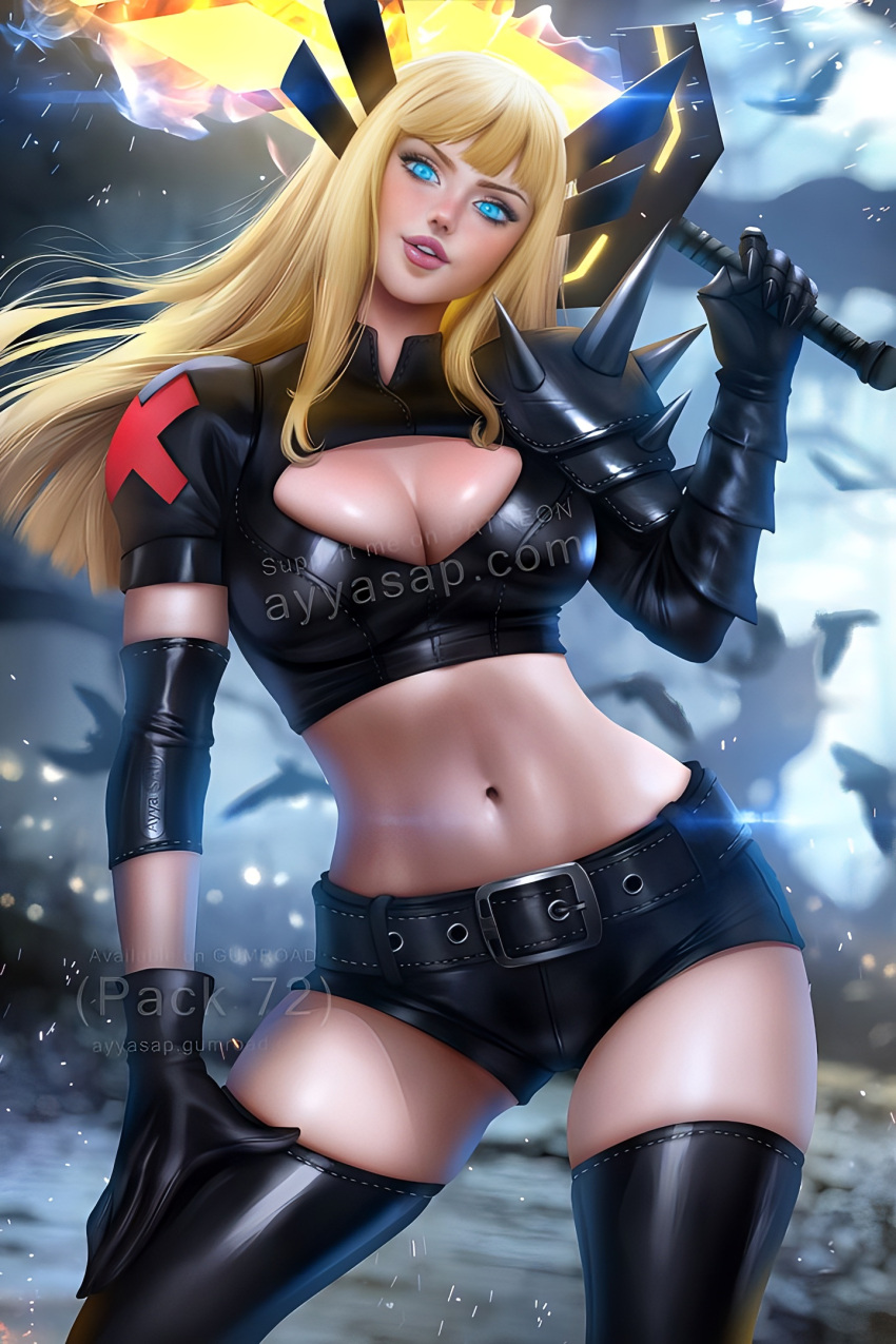 1girls 2023 2023s armwear artist_signature ayyasap belly_button belt big_breasts black_clothes black_clothing black_legwear black_shorts blonde_female blonde_hair blonde_hair_female blue_eyes breasts busty cleavage curvy_body dat_ass detailed detailed_background female gauntlets giant_sword hand_on_thigh hourglass_figure illyana_rasputin large_breasts latex legwear light-skinned_female long_hair looking_at_viewer magik_(illyana_rasputin) marvel marvel_comics mutant navel new_mutants shorts smile smiling smiling_at_viewer solo solo_female superheroine sword teenager voluptuous watermark x-men