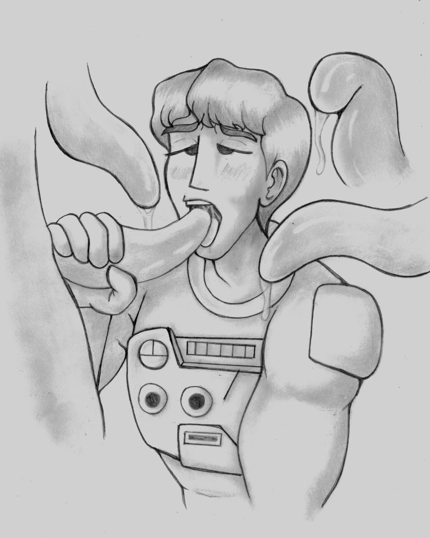 1boy alien alien/human astronaut astronaut_suit blowjob blush dot_eyes enjoying male male_only mob_face peekleek pencil_(artwork) pleasure_face precum rhythm_heaven rhythm_heaven_megamix saliva solo solo_focus solo_male tentacle tentacle_cock tentacle_grab tentacle_on_male tentacle_penis tongue_out traditional_media traditional_media_(artwork) translator_tom uniform