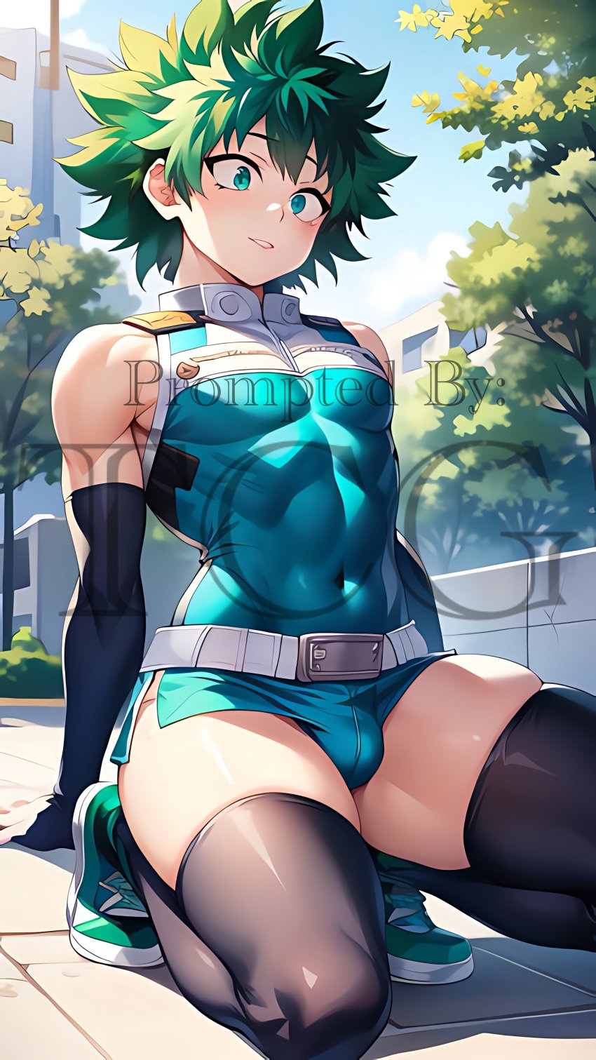 1boy ai_generated boku_no_hero_academia bulge crossdressing deku elbow_gloves femboy green_eyes green_hair izuku_midoriya kneeling legwear male_only my_hero_academia outdoors outside shoes sidewalk thechronicgamer thighhighs