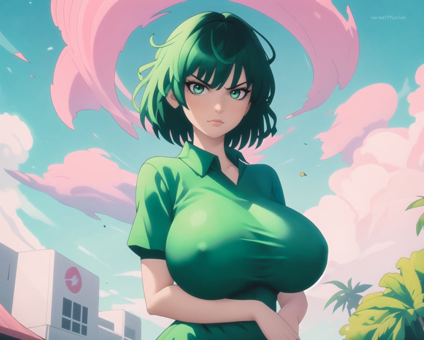 1girls acl_noraai ai_generated alternate_costume angry artist_name braless building cloud covered_nipples feline fubuki_(one-punch_man) green_eyes green_hair huge_breasts large_breasts looking_at_viewer one-punch_man outdoors polo_shirt short_hair short_sleeves skin_tight sky skyscraper solo tight_clothing tree upper_body watermark