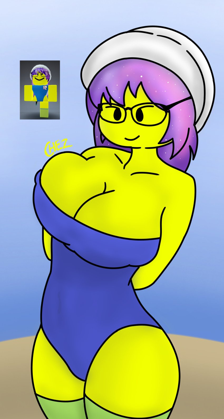 bodysuit chez-arts chezborger eyeglasses female galaxy_hair green_stockings large_breasts noob roblox roblox_avatar thick_thighs white_beanie yellow_body