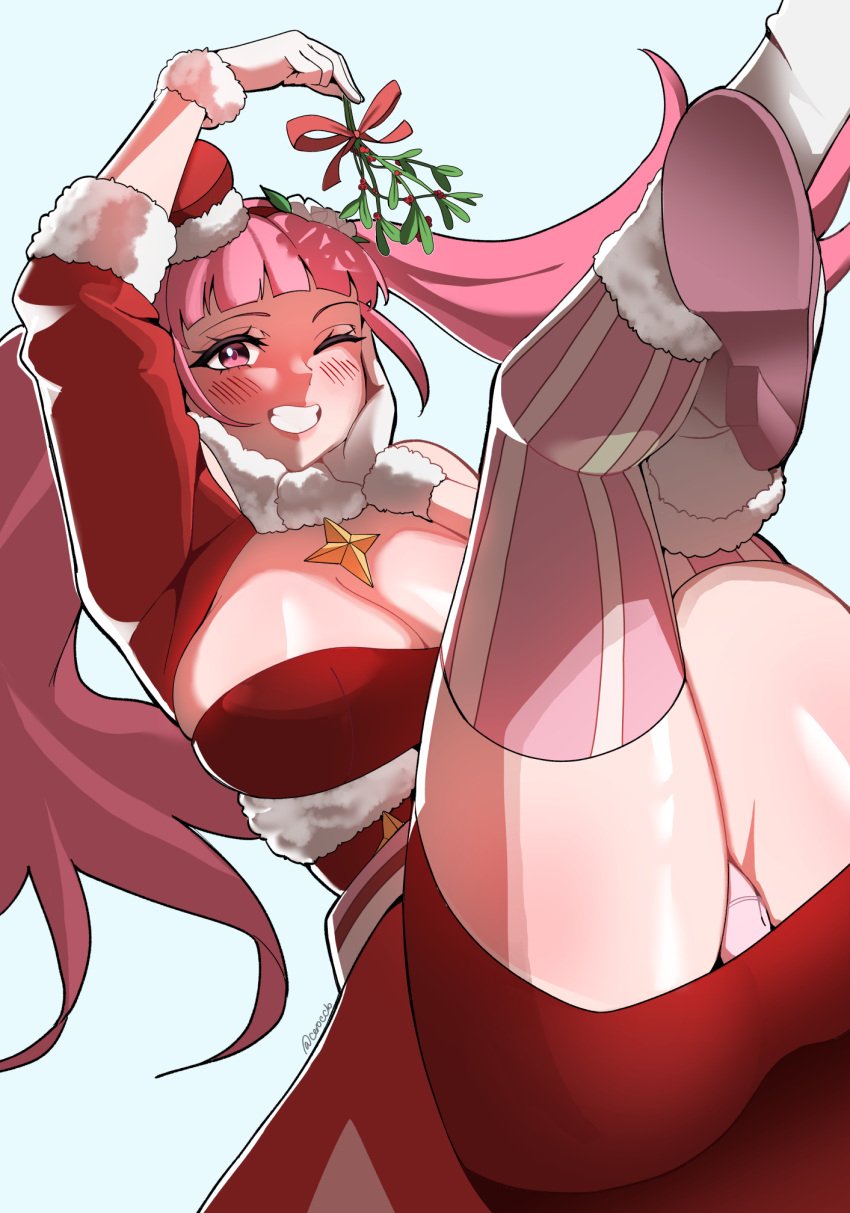 1girls 2023 alternate_costume ass bare_thighs blunt_bangs blush breasts ceroccb christmas cleavage commentary english_commentary female female_only fire_emblem fire_emblem:_three_houses fire_emblem_heroes fur-trimmed_gloves fur-trimmed_headwear fur_trim gloves hand_on_own_face hat high_heels highres hilda_valentine_goneril hilda_valentine_goneril_(winter) holding holding_mistletoe large_breasts legs_up light-skinned_female light_skin long_hair looking_at_viewer mistletoe nintendo official_alternate_costume one_eye_closed panties pantyshot pink_eyes pink_hair pink_panties pink_thighhighs red_headwear santa_costume smile solo striped striped_thighhighs teeth thick_thighs thighhighs thighs twintails underwear upskirt very_long_hair white_gloves wink