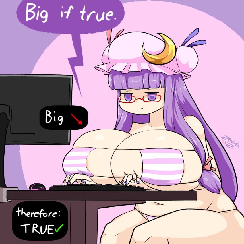 bikini computer glasses huge_breasts patchouli_knowledge purple_eyes purple_hair ribbon striped_bikini touhou zedrin