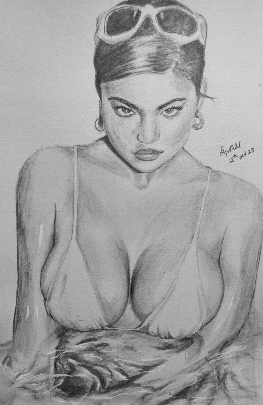 1girls actress aroused artist_name bikini bikini_top black_and_white black_hair blush bra breasts celebrity cleavage cleavage_cutout female female_only in_water instagram kylie_jenner model monochrome real_person sideboob sketch solo sunglasses sunglasses_on_head swimming swimming_pool swimsuit swimwear top-down_bottom-up traditional_media_(artwork)