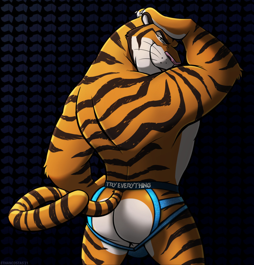 2023 absurd_res anthro ass bedroom_eyes bulge clothed clothing disney ethancostas felid fur hi_res jockstrap jockstrap_only looking_at_viewer looking_back looking_back_at_viewer male male_only mammal narrowed_eyes orange_body orange_fur pantherine perineum pinup pose rear_view seductive solo striped_body striped_fur stripes tail text text_on_clothing text_on_jockstrap text_on_underwear tiger tiger_dancer_(zootopia) topless underwear underwear_only zootopia