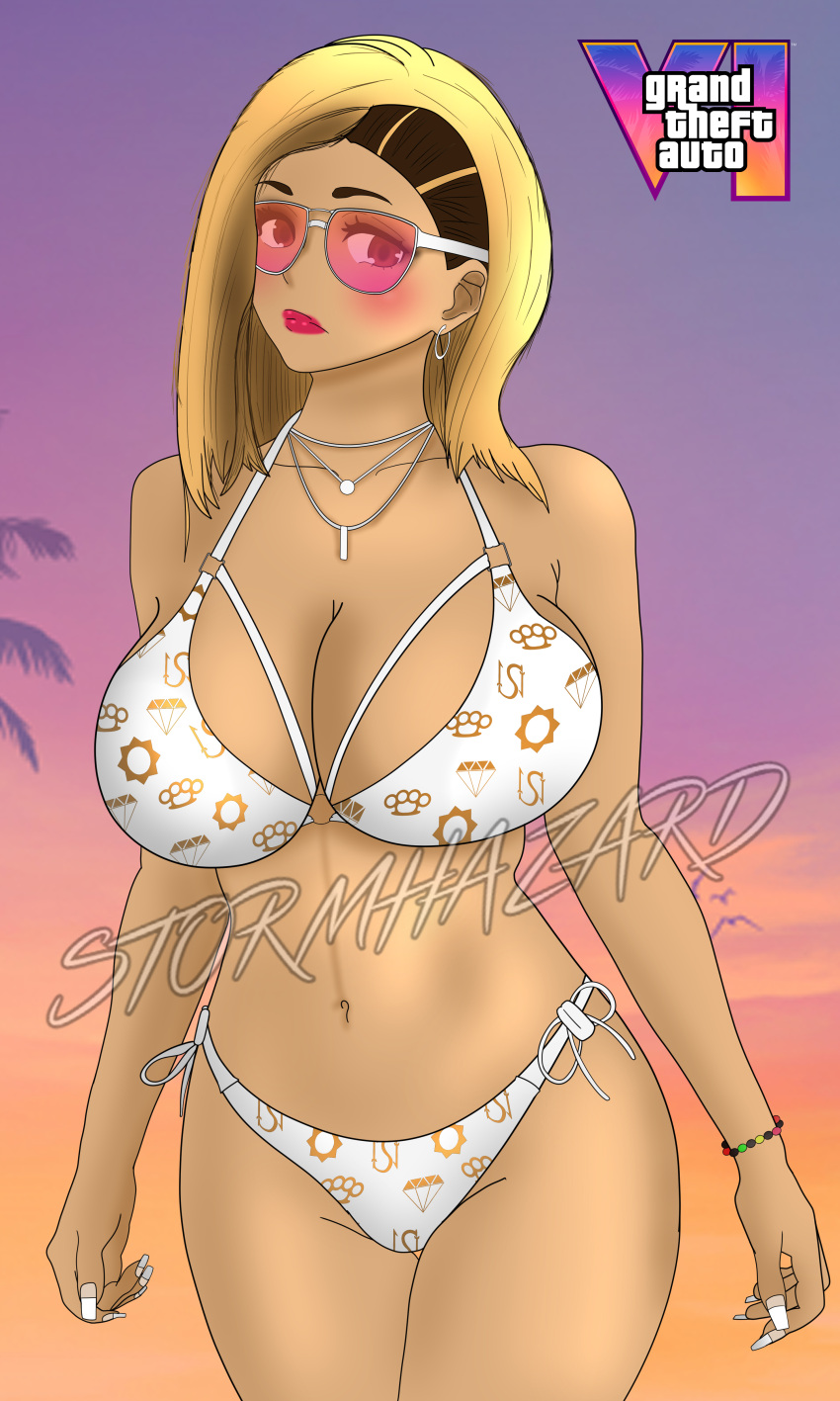 accessory alternate_hair_color background_character bikini blonde_female blonde_hair brand_name_imitation brown_eyes grand_theft_auto grand_theft_auto_vi gta_pedestrians large_breasts latina lipstick louis_vuitton makeup milf nail_polish npc pink-tinted_eyewear pool_party_girl_(gta_vi) purple-tinted_eyewear stormhazard sunglasses thick_thighs thighs tinted_eyewear