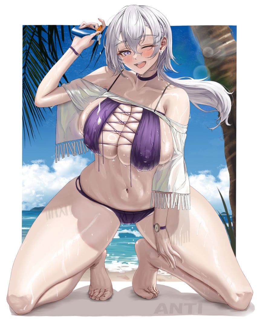 1girls anti_kumo_(maeken_1021) azur_lane beach bikini breasts eagle_union_(azur_lane) female huge_breasts large_breasts light-skinned_female light_skin long_hair naughty_face outdoors reno_(azur_lane) reno_(summer_spin-off)_(azur_lane) smile thick_thighs white_hair