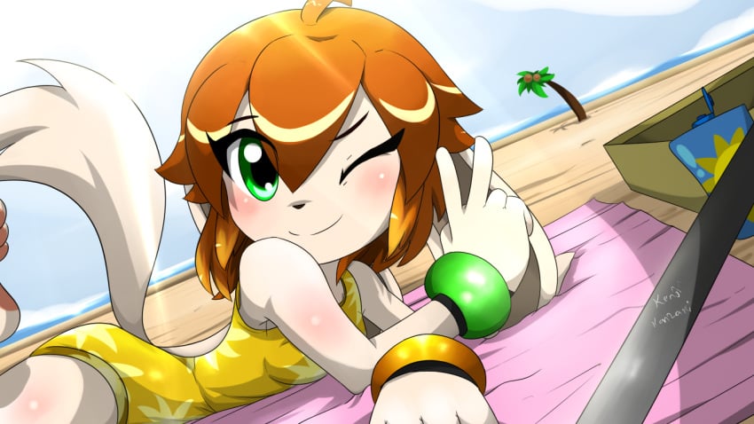 anthro blush canine female female_protagonist freedom_planet freedom_planet_2 kenjikanzaki05 looking_at_viewer milla_basset swimsuit video_games