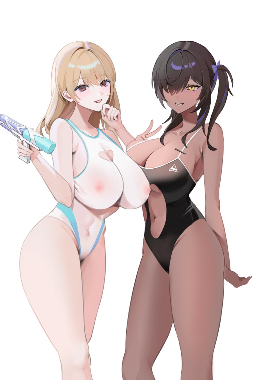 2girls bare_shoulders black_hair blonde_hair cleavage cleavage_cutout collarbone covered_nipples cowboy_shot dark-skinned_female dark_skin female_only goddess_of_victory:_nikke grin guriddopitto gyaru hair_over_one_eye hi_res highleg holding_object huge_breasts large_breasts light-skinned_female light_skin looking_at_viewer naga_(nikke) nail_polish navel navel_cutout one-piece_swimsuit orange_eyes simple_background smile swimsuit teeth tia_(nikke) v water_gun white_background yellow_eyes