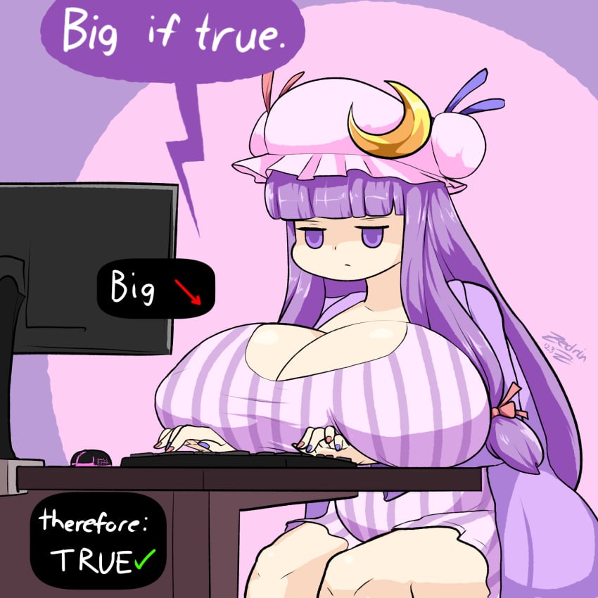 clothed clothed_female computer huge_breasts patchouli_knowledge purple_eyes purple_hair ribbon striped_clothing touhou zedrin