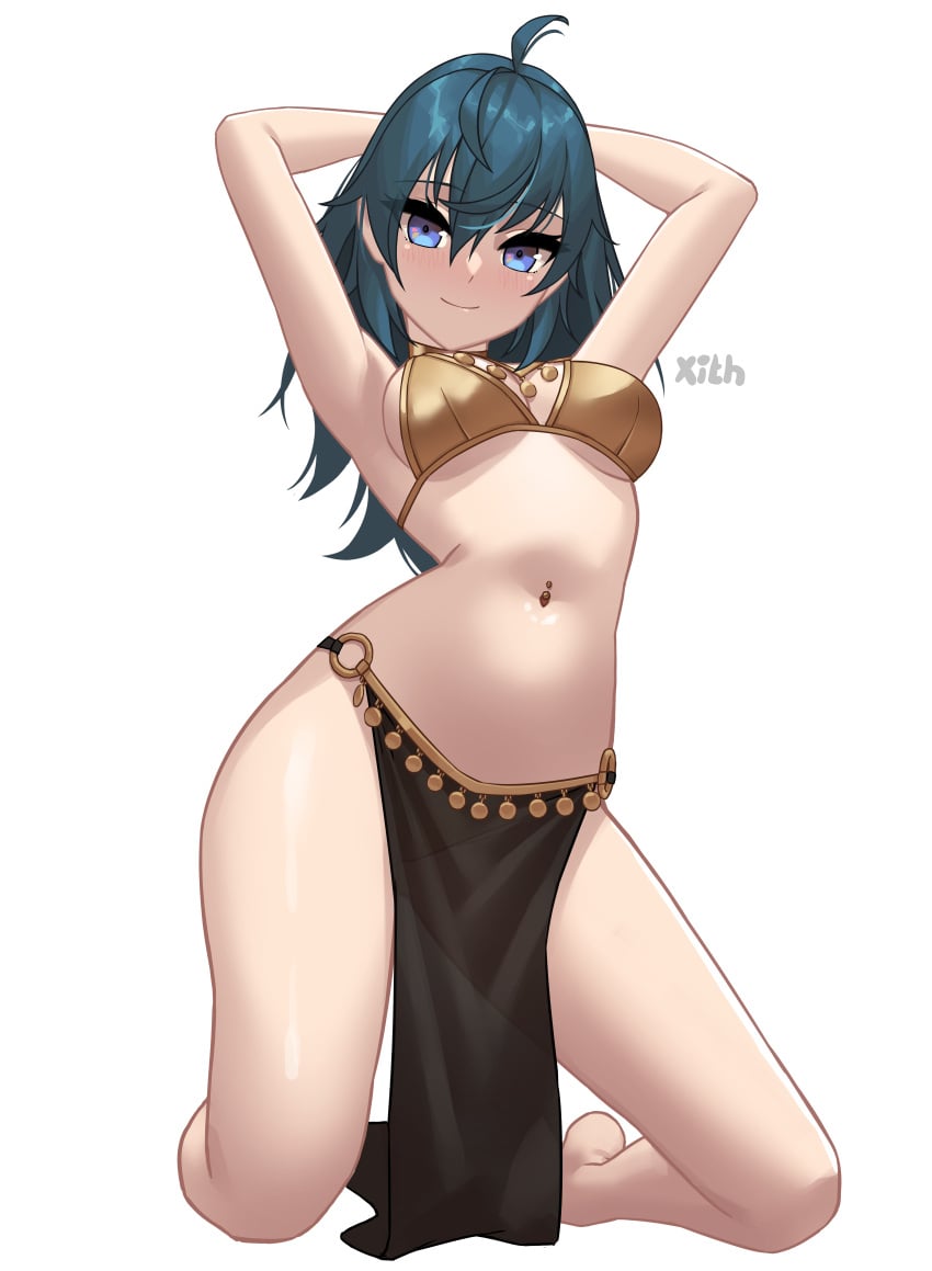 1girls absurdres ahoge alternate_costume arms_behind_back artist_name bikini bikini_top_only blue_eyes blue_hair breasts byleth_(female)_(fire_emblem) byleth_(fire_emblem) byleth_(fire_emblem)_(female) female female_only fire_emblem fire_emblem:_three_houses full_body gold_bikini highres kneeling looking_at_viewer medium_breasts navel nintendo o-ring o-ring_bottom pelvic_curtain pose revealing_clothes see-through simple_background smile solo swimsuit teal_hair thighs veil white_background x_xith_x yellow_bikini