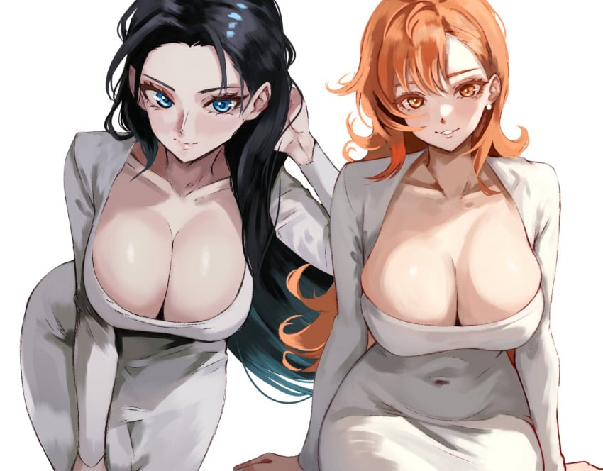 2girls big_breasts black_hair blue_eyes breasts cleavage curvaceous curvy curvy_body curvy_female curvy_figure dongtan_dress earrings female female_only fully_clothed hourglass_figure long_hair nami nico_robin one_piece orange_eyes orange_hair post-timeskip tight_clothing tight_dress vcais voluptuous voluptuous_female wide_hips