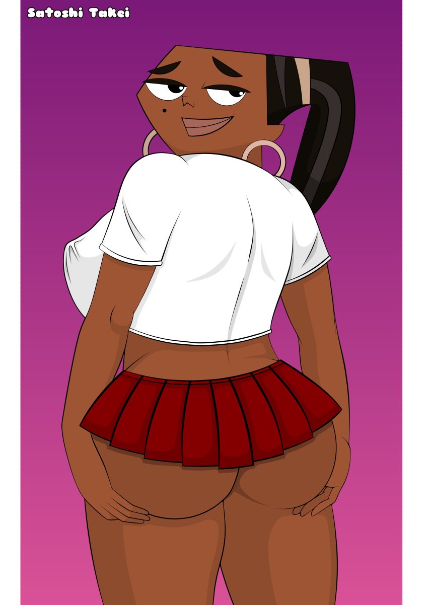 1girls ass back back_view big_ass black_hair cartoon_network dark-skinned_female dark_skin female female_only leshawna_(tdi) long_hair looking_at_viewer mole_under_eye ponytail rear_view satoshi_takei school_uniform schoolgirl skimpy skimpy_clothes solo thick_thighs total_drama_island voluptuous voluptuous_female wide_hips