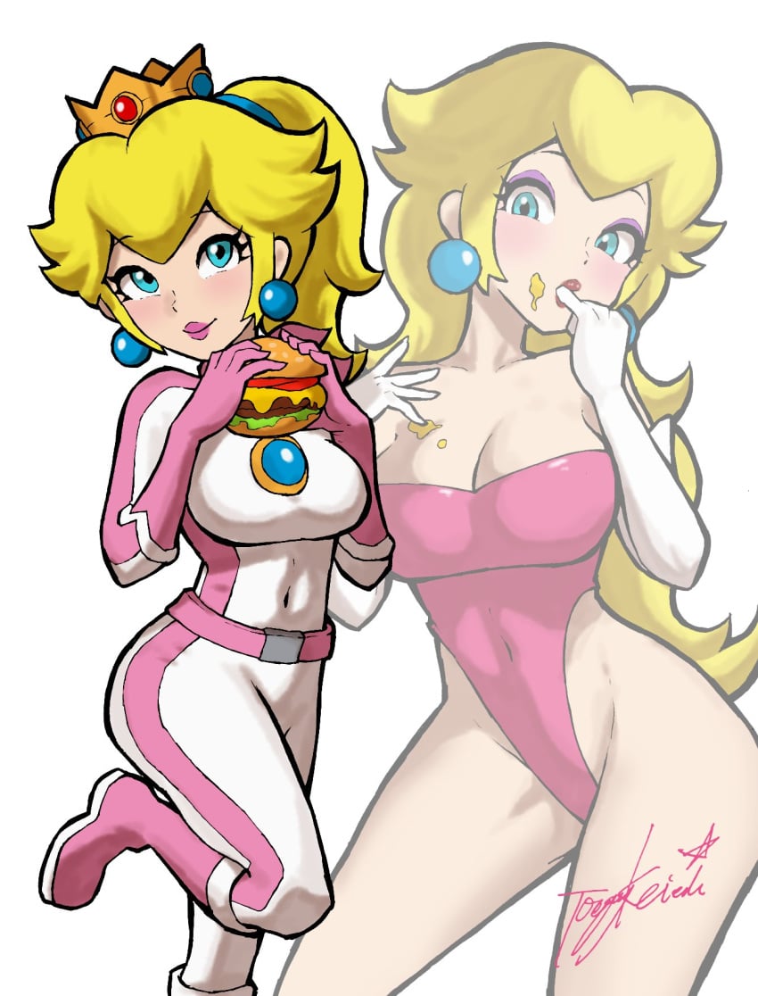 1girls 5_fingers alternate_costume blonde_hair blue_eyes bodysuit breasts cheese clothing crown eating elbow_gloves eyes female female_focus female_only food gloves hair hamburger human jpeg lipstick mario_(series) mario_kart nintendo one_leg_up open_eyes princess_peach signature smile solo standing tomato yamino_ekakinin