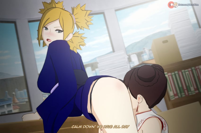 2girls against_desk arched_back ass bent_over big_ass big_breasts blonde_hair blunt_bangs blush boruto:_naruto_next_generations breasts brown_hair cheating cheating_wife china_dress chinese_clothes commentary desk double_bun dress earrings eating_ass english_text female female/female female_only from_behind g-string hokage_office indoors kimono kimono_lift kneeling koikatsu large_breasts mature mature_female milf moaning multiple_girls naruto naruto_(series) office otsukira panties parted_bangs patreon_username ponytail quad_tails smothering smothering_ass standing talking talking_to_partner temari tenten text tied_hair twin_buns underwear url watermark web_address yukata yuri