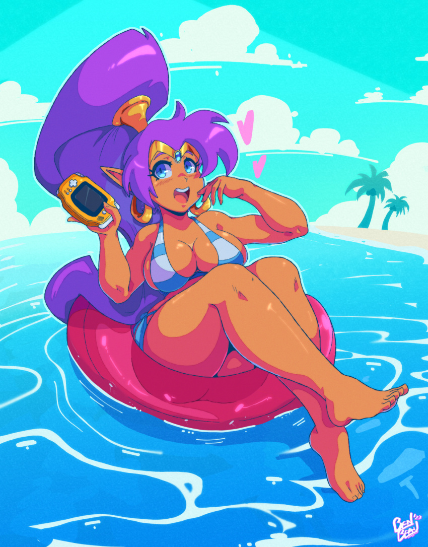 2023 ass benbeau bikini blue_eyes breasts brown_body brown_skin cleavage clothed clothing cloud day ear_piercing ear_ring feet female fingers gameboy_advance genie hair heart hi_res humanoid humanoid_feet humanoid_hands humanoid_pointy_ears long_hair looking_at_viewer nintendo not_furry open_mouth open_smile palm_tree piercing plant plantigrade ponytail purple_hair ring_piercing shantae shantae_(character) signature smile solo swim_ring swimwear toes tree water wayforward