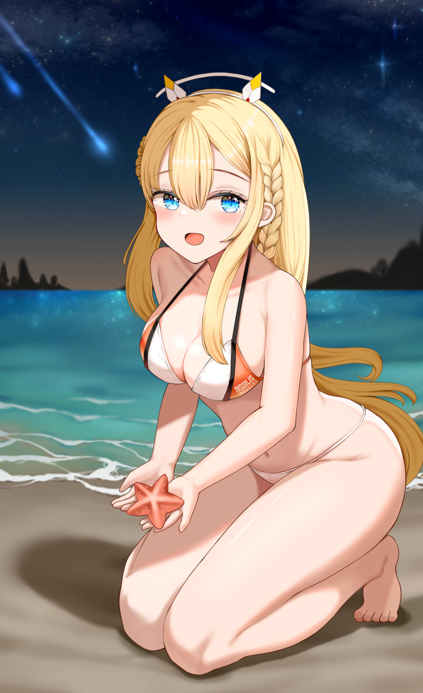 beach bikini blonde_hair blue_eyes blush breasts cleavage goddess_of_victory:_nikke night ocean open_mouth outdoors stars thighs tove_(nikke)