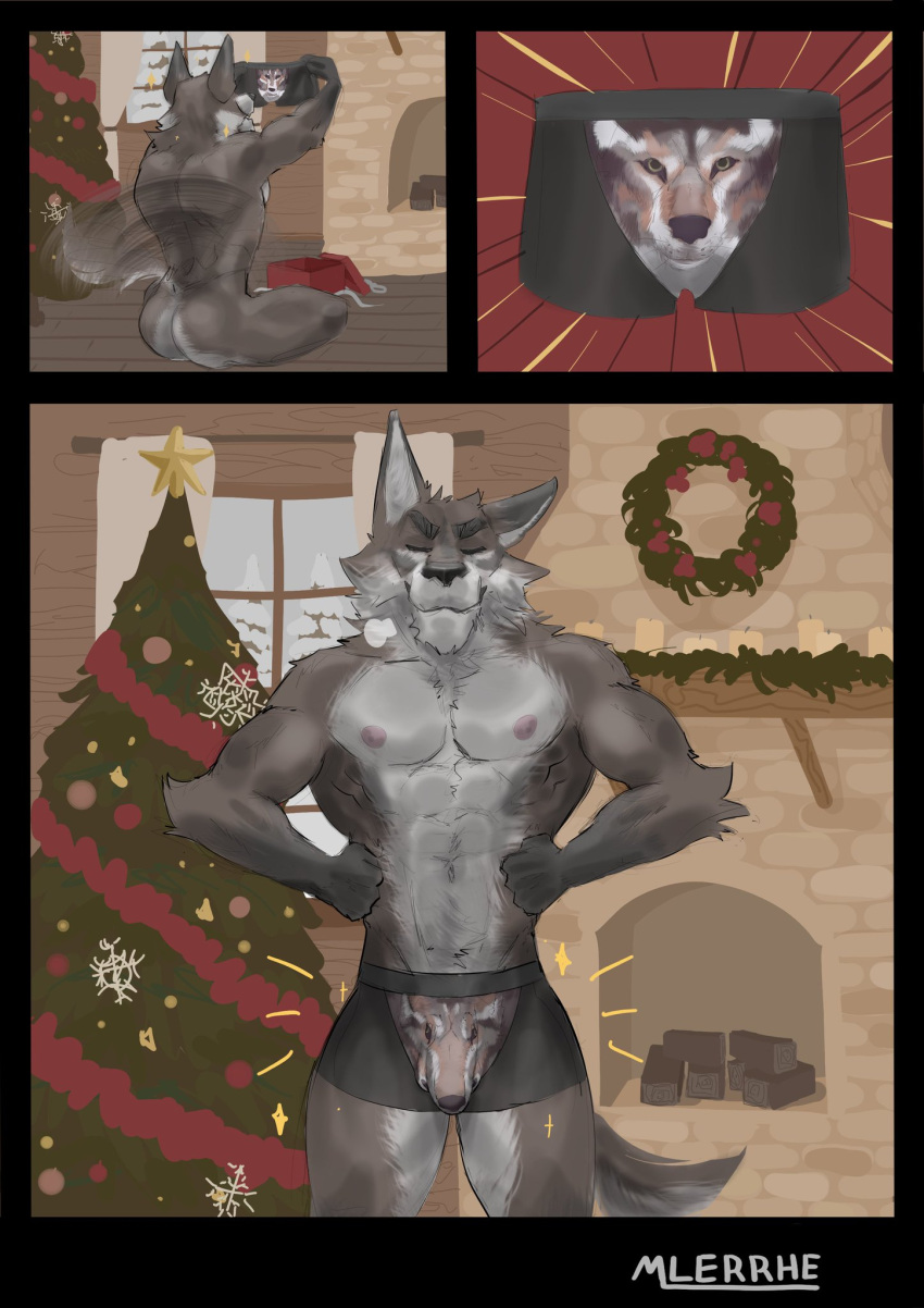 abs ass breasts bulge bulge_through_clothing christmas comic comic_page flexing furry furry_only gift gift_box handsome happy male male_only mlerrhe_(artist) muscles muscular muscular_male naked proud proud_of_his_cock sitting tail tight_pants twitter_username underwear winter wolf wolf_ears