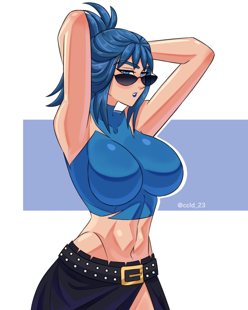 armpits arms_up big_breasts ccld23 female female_focus female_only fortnite fortnite:_battle_royale hope_(fortnite) huge_breasts looking_at_viewer looking_over_eyewear looking_over_glasses looking_over_sunglasses sunglasses tight_clothing tinted_eyewear