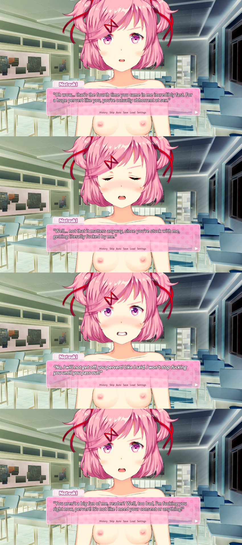 1girls accurate_art_style angry bare_shoulders breaking_the_fourth_wall breasts clenched_teeth collarbone ddlc_background ddlc_text_box doki_doki_literature_club english_text femdom furious implied_rape implied_sex looking_at_viewer mastersalive_(artist) mouth_open natsuki_(doki_doki_literature_club) nipples no_consent_needed non-con non-consensual noncon nonconsensual nudist open_mouth pink_eyes pink_hair please_help_me pov rape reverse_rape small_breasts sprite text tsundere unseen_male_face you