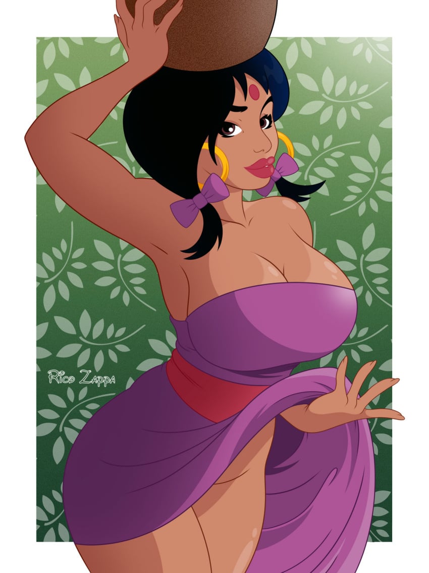 1girls aged_up big_breasts bindi black_hair breasts cleavage dark-skinned_female dark_skin disney earrings female female_only indian indian_female ricozappa shanti solo solo_female text the_jungle_book