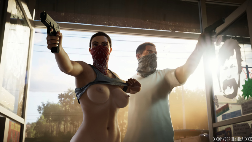 1boy 3d armpit armpits big_breasts blender breasts dark_hair female flashing flashing_breasts grand_theft_auto grand_theft_auto_vi gun hispanic latina lucia_(gta) mask masked_female puerto_rican robbery sepulchralxxx