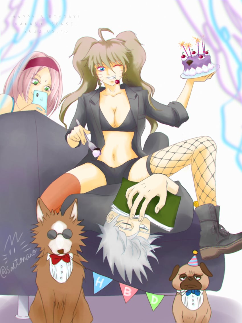 1boy 2girls assertive_female before_sex birthday birthday_cake birthday_party black_eyes blonde_female blonde_hair blue_eyes boots bra cherry cleavage covered_face cowgirl_position dogs female fishnet fishnets food_play green_eyes grin hatake_kakashi jacket_open male multiple_girls naruko naruto naruto_(series) naruto_shippuden open_jacket pigtails pink_hair playful playful_smile sakura_haruno scar sexy_no_jutsu shorts silver_hair sitting_on_person stockings stockings_thigh_highs straddle straddling taking_picture tights tired_eyes twintails uzumaki_naruto whisker_markings wink