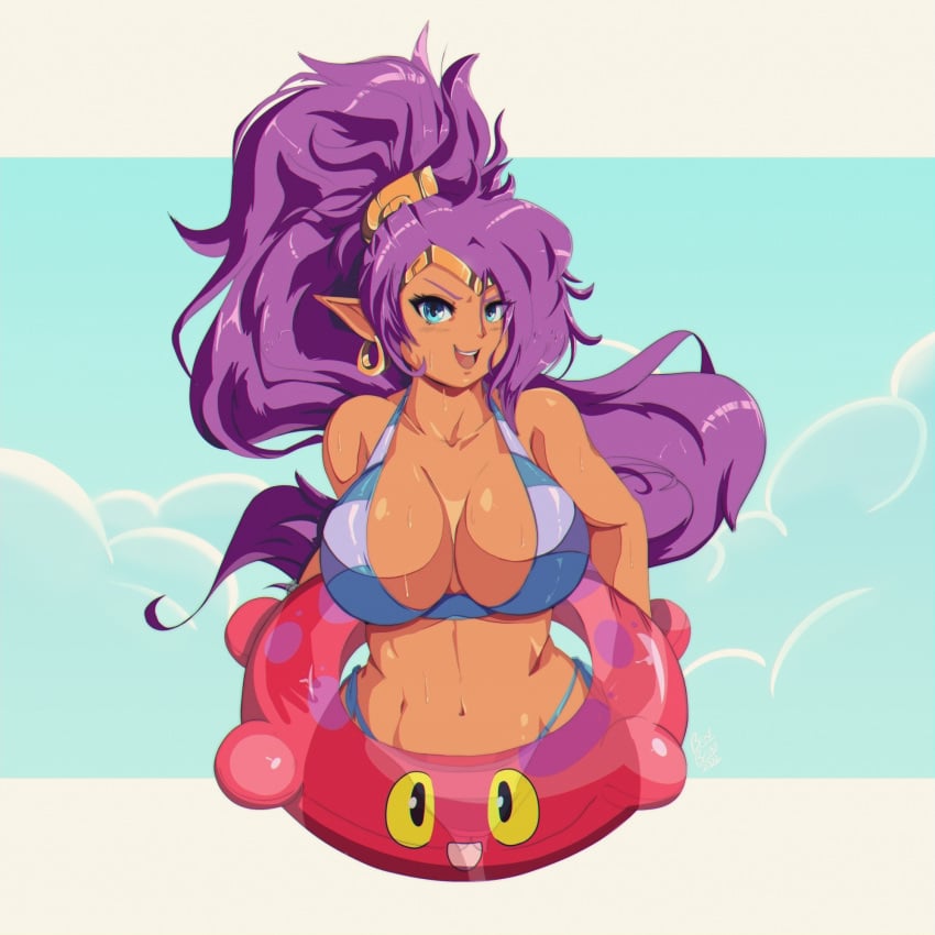 benbeau bikini blue_eyes breasts brown_body brown_skin clothing ear_piercing ear_ring female genie hair hi_res humanoid humanoid_pointy_ears long_hair looking_at_viewer piercing ponytail purple_hair ring_piercing shantae shantae_(character) simple_background solo swim_ring swimwear wayforward wet