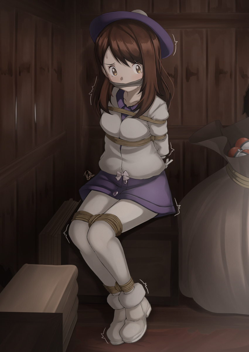 1girls bondage boots bound bound_arms bound_legs brown_hair cleave_gag gag gagged girl gloria_(pokemon) kidnapped long_hair pantyhose pokemon pokemon_ss storeroom vakaosciosa white_pantyhose winter_clothes worried