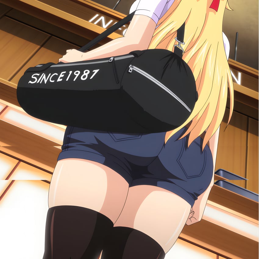 1girls accurate_art_style ass bag big_ass big_butt black_legwear black_thighhighs blonde_hair clothed clothing denim denim_shorts female female_only from_behind hotpants indoors legs legs_together legwear light-skinned_female light_skin long_hair mankitsu_happening mitsuki_otona pale-skinned_female pale_skin pants screencap screenshot short_shorts standing thighhighs thighs viewed_from_behind white_skin