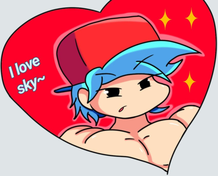 big_pecs big_shoulders black_eyes blue_hair boyfriend_(friday_night_funkin) fnf friday_night_funkin heart love muscular_female muscular_shoulders p.legacy_fnf pecs powerblueflower red_cap sky_(friday_night_funkin) text