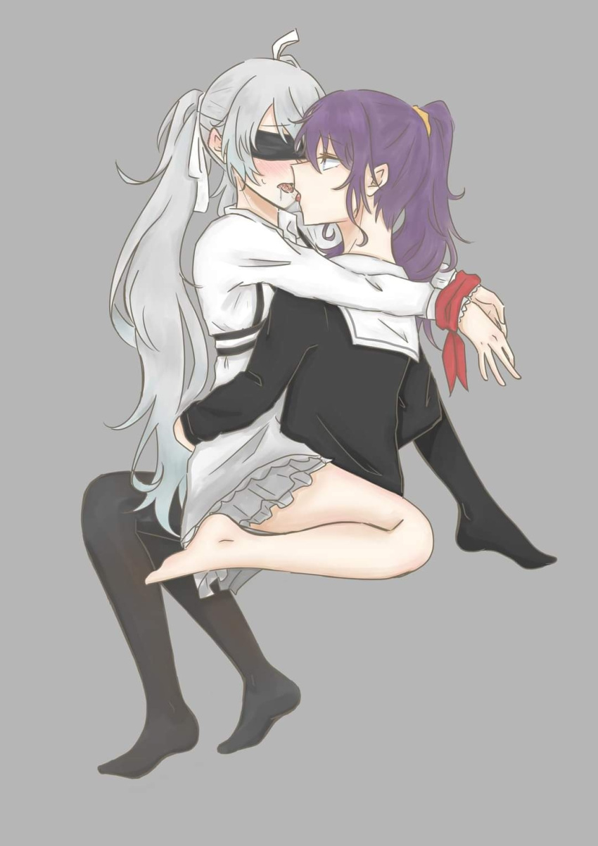 25ji_miku 2girls after_kiss asahina_mafuyu blindfold blindfolded blush blush female female_only grey_background hands_tied hatsune_miku kissing leggings legwear ponytail project_sekai purple_hair school_uniform schoolgirl schoolgirl_uniform sitting sitting_on_lap tied_hands tied_up twintails yuri yuri