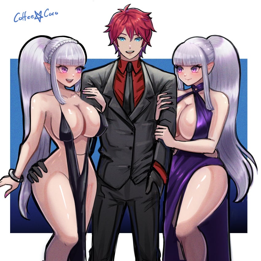 1boy 2girls arm_grab black_dress black_gloves black_suit blue_eyes blush braid breasts cheating cleavage cleavage_cutout coffeexcoco dress elf emilia_(re:zero) gloves grabbing_another's_ass grabbing_hips hair_band hair_between_eyes hair_ornament harem height_difference huge_breasts interspecies multiple_girls pelvic_curtain pointy_ears ponytail purple_dress re:zero_kara_hajimeru_isekai_seikatsu red_hair red_shirt reinhard_van_astrea satella_(re:zero) shirt silver_hair smile suit thick_thighs thighs tuxedo white_hair wide_hips