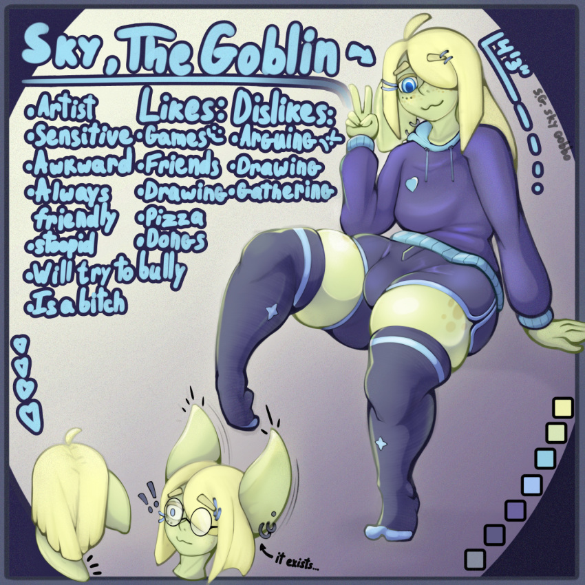 1boy blonde_hair blue_eyes character_name character_sheet english english_text femboy goblin goblin_male hoodie huge_ass huge_ears mostly_clothed peace_sign piercing shorts sky_(skygobbo) skygobbo solo text thick_thighs thighhighs thighs