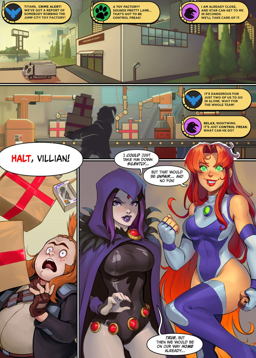 1boy 2girls comic comic_page control_freak_(dc) dc dc_comics english_text fat_man female fight male multiple_girls raven_(dc) saneperson starfire teen_titans text