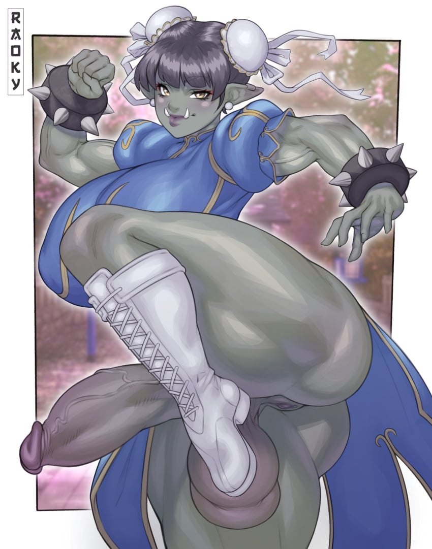 1futa 2023 2d ass balls big_breasts big_penis black_hair bottomless bracelet breasts chun-li_(cosplay) clothed clothing color erection footwear full-package_futanari futa_only futanari green_body green_skin hi_res huge_cock humanoid humanoid_penis large_penis mostly_clothed muscular muscular_arms muscular_futanari muscular_legs orc orc_futanari original penis penis_out pussy raoky sharp_teeth shelur shoes short_hair solo solo_futa spiked_bracelet street_fighter thick_thighs thighs veiny_penis