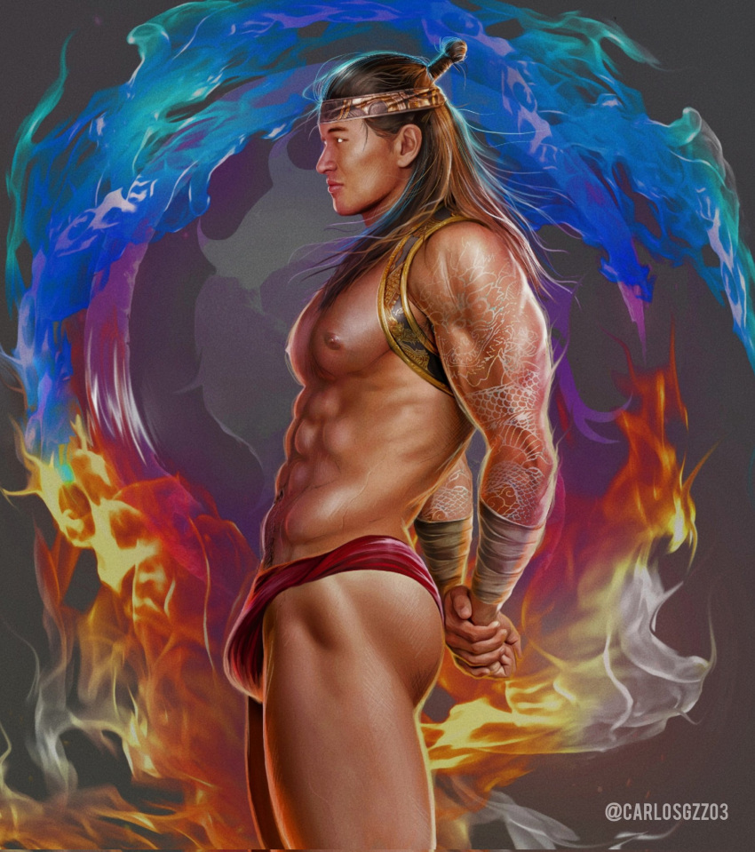 1boy 2d carlos_gzz demigod human hunk liu_kang long_hair male male_only martial_artist masculine mortal_kombat mortal_kombat_1_(2023) muscular muscular_male netherrealm_studios solo_male stud tattooed_arm underwear warrior